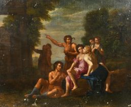 17th Century French School. Figures in Arcadia, Oil on canvas, Unframed 15.75" x 19.75" (40 x 50.2cm