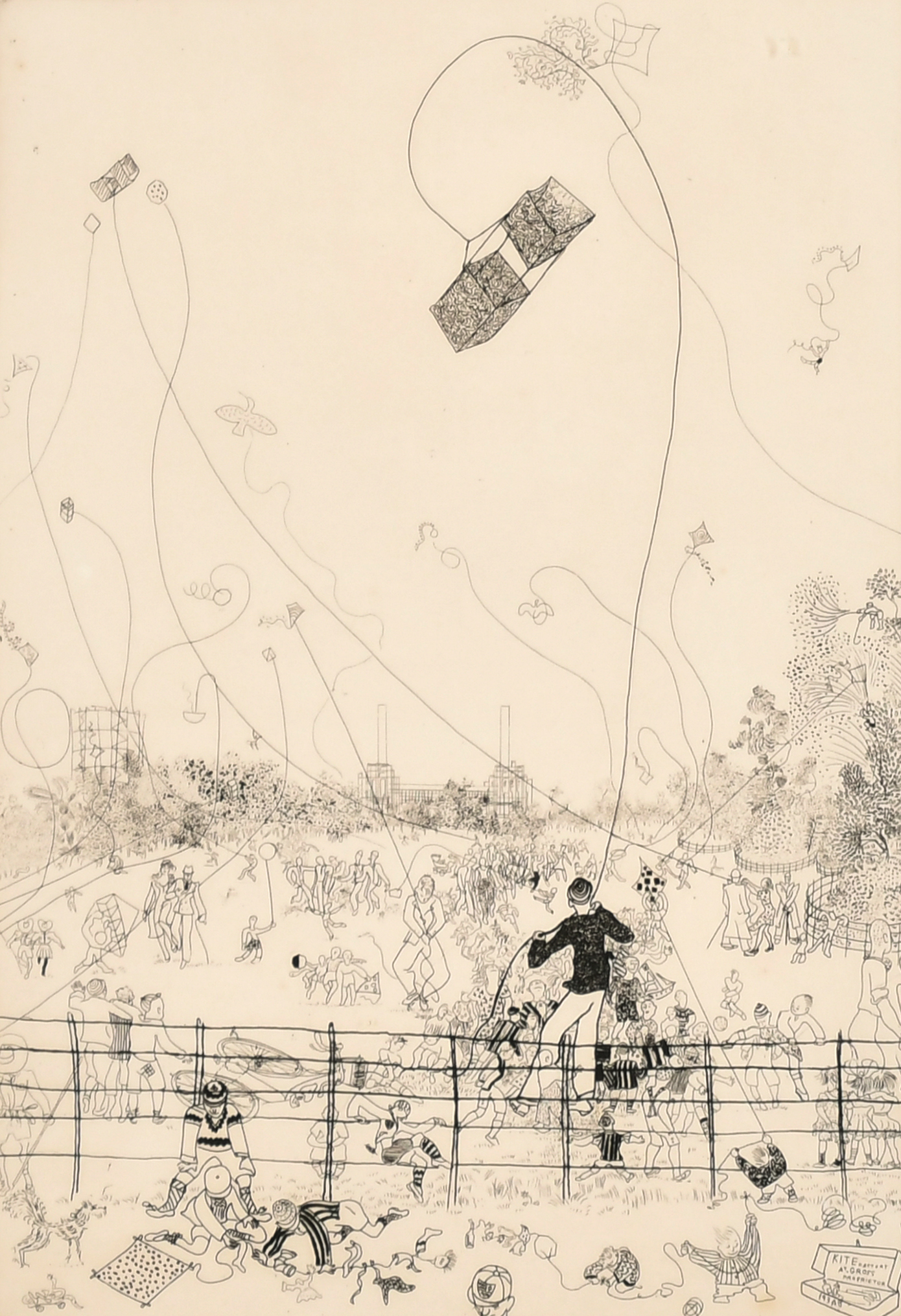 Anthony Gross (1905-1984) British. "Kites In Battersea Park", Etching, Signed, inscribed with title