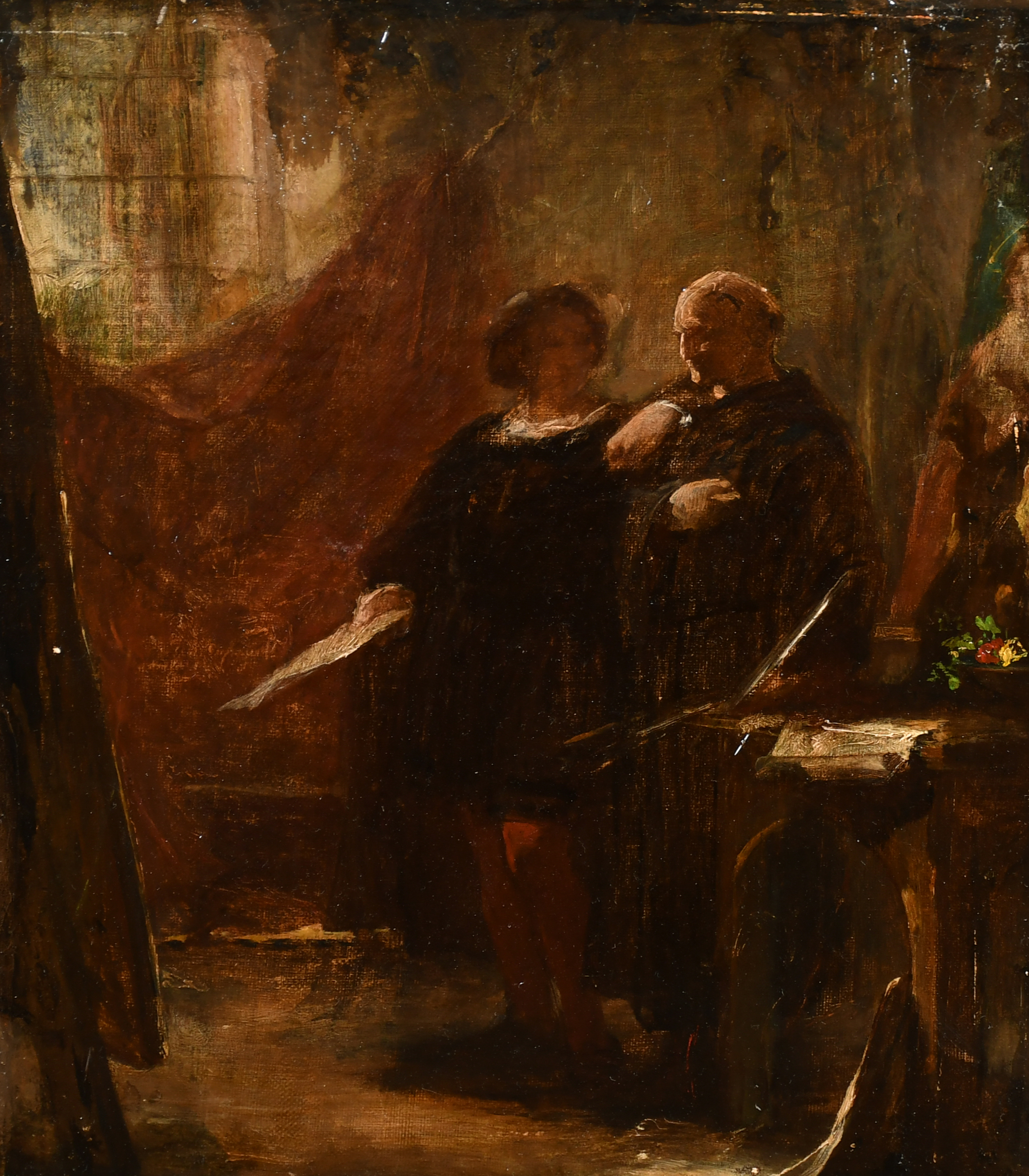 19th Century English School. Figures in an Interior, Oil on canvas, Unframed 11.75" x 9.5" (29.8 x 2