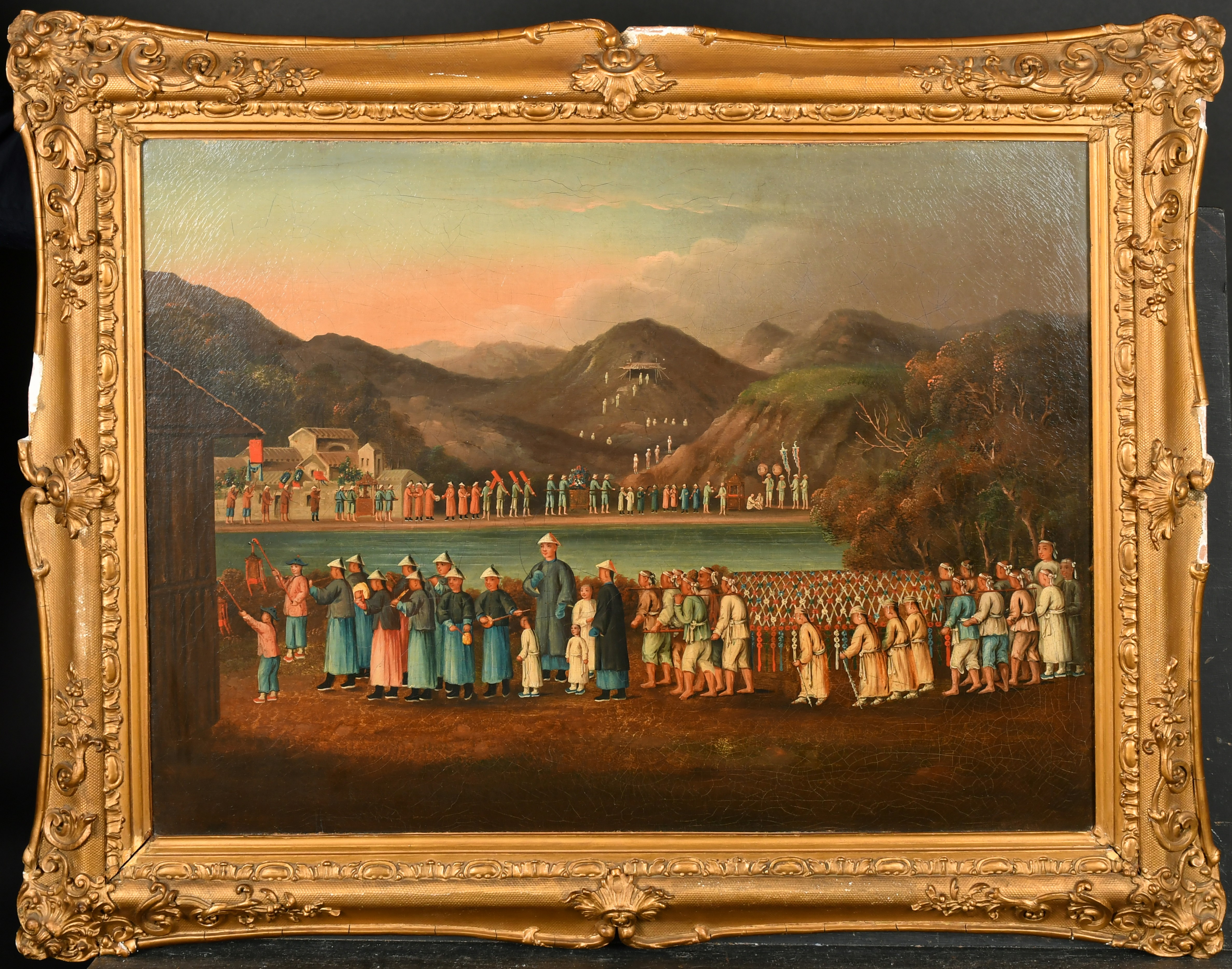 Early 19th Century Chinese School. A Procession around a Lake, Oil on canvas, 18" x 23.5" (45.7 x 59 - Image 2 of 4