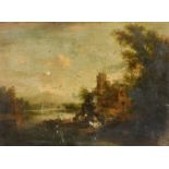 18th Century German School. Figures in a River Landscape, Oil on copper, Unframed 10.5" x 14" (26.7