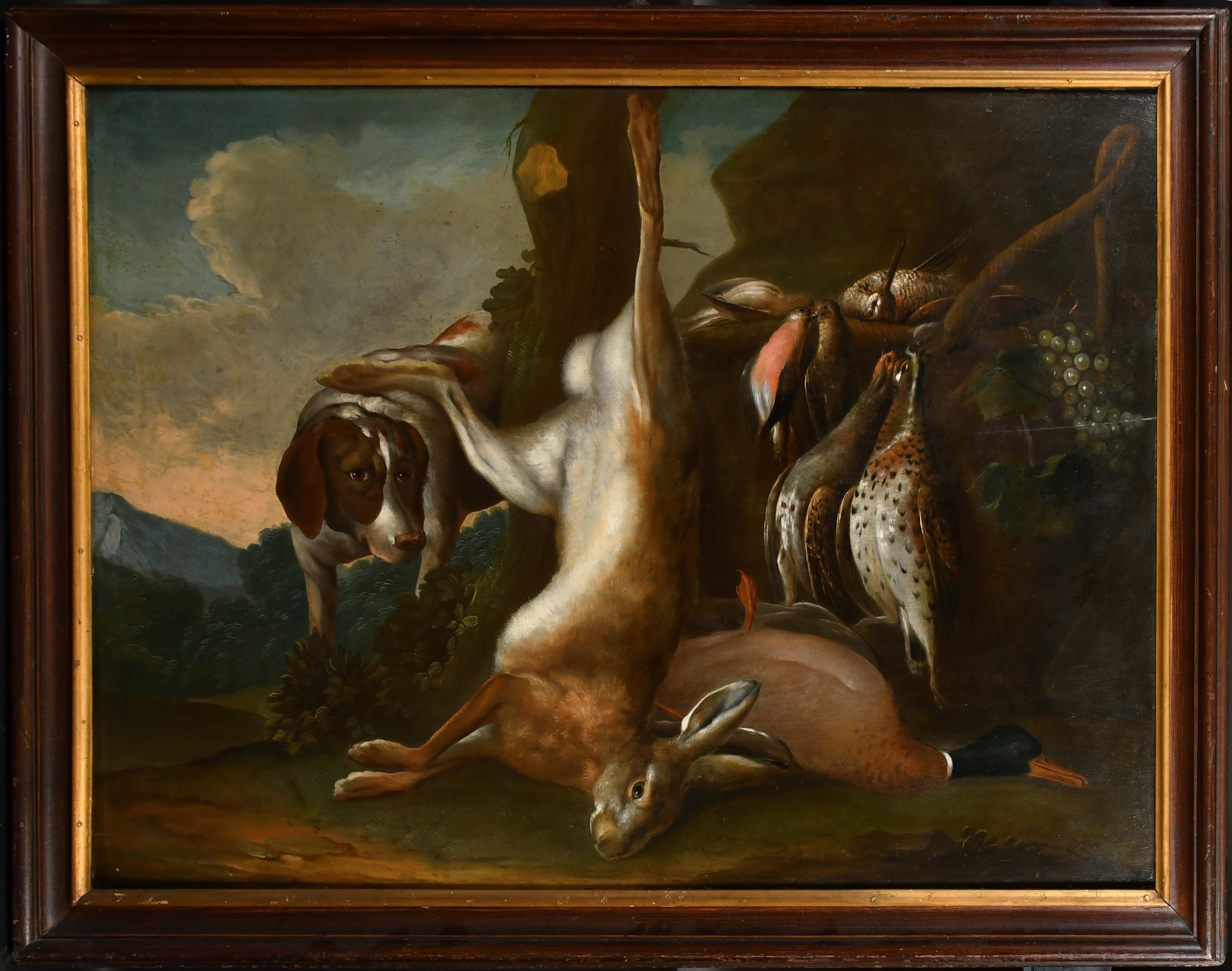 Circle of Jan Weenix (1640-1719) Dutch. Spaniel with Dead Game, Oil on panel, 33" x 48" (83.7 x 122c - Image 2 of 3