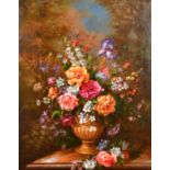 20th Century Dutch Style. Still Life of Flowers in an Urn, Oil on canvas, 36" x 28" (91.5 x 71cm) an