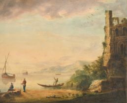 Circle of Thomas Luny (1759-1837) British. Figures on a Beach by Classical Ruins, Oil on panel, In a