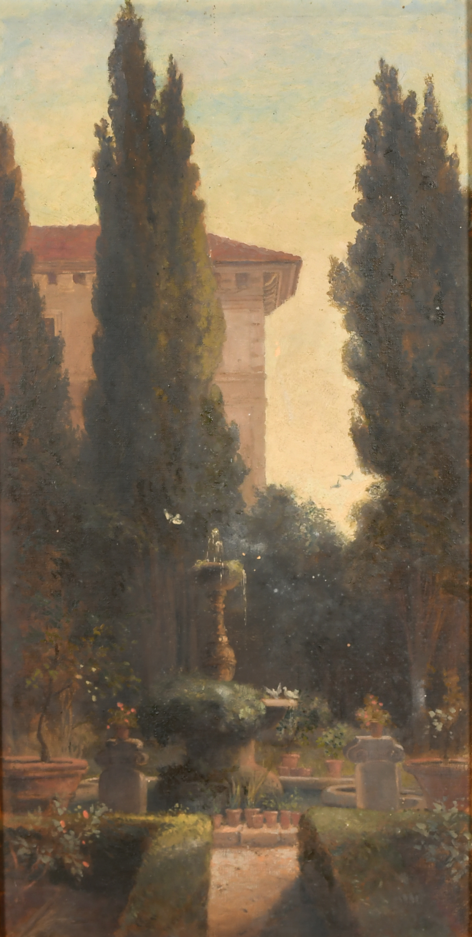 19th Century English School. An Italian Villa and Garden, Oil on canvas, 24.5" x 12.5" (62.3 x 31.7c