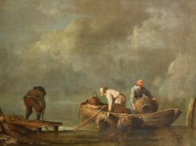 18th Century Dutch School. Fishermen Collecting the Baskets, Oil on canvas, 23" x 30.25" (58.4 x 76.
