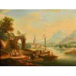 Manner of Marc Baets (1720-1785) Flemish. A River Scene with figures in a Boat, Oil on Panel, 6.5" x