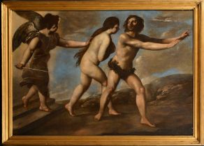 Circle of Nicola Vaccaro (1640-1709) Italian. The Expulsion of Adam and Eve, Oil on canvas, In a fin