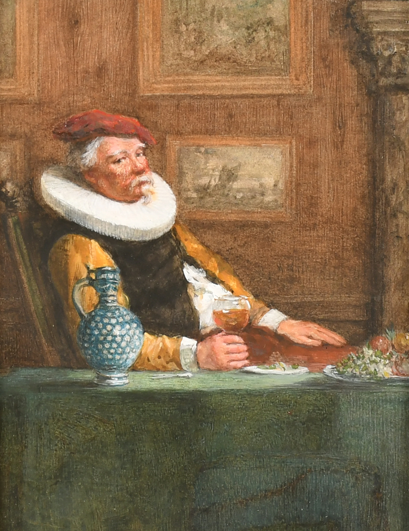 19th Century English School. An Elizabethan Man Drinking Wine, Watercolour, In a fine gilt compositi