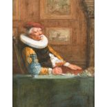 19th Century English School. An Elizabethan Man Drinking Wine, Watercolour, In a fine gilt compositi