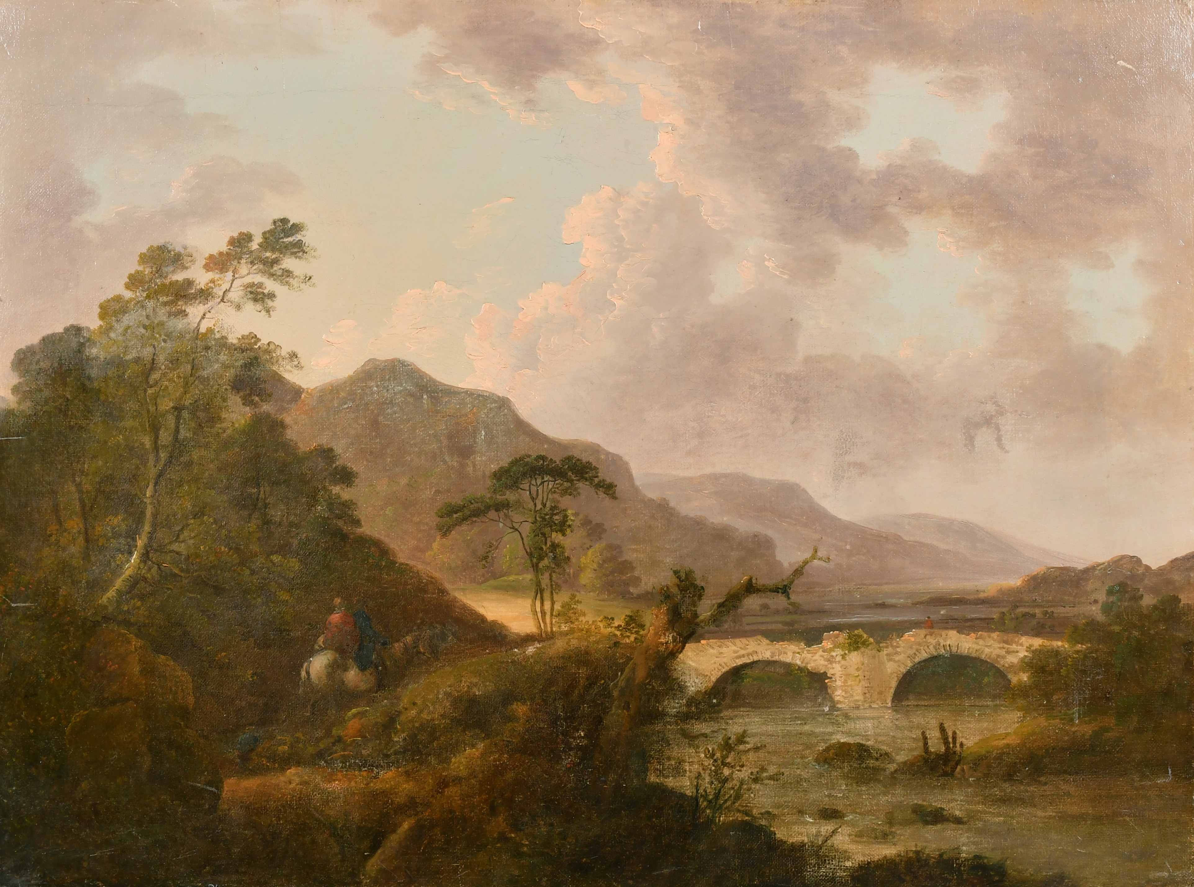 Circle of Julius Caesar Ibbetson (1759-1817) British. A River Landscape with Figures on Horseback, O