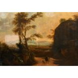 18th Century Dutch School. Figures on a Horse in a Classical Landscape, Oil on canvas, Unframed 17.5