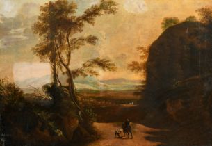 18th Century Dutch School. Figures on a Horse in a Classical Landscape, Oil on canvas, Unframed 17.5