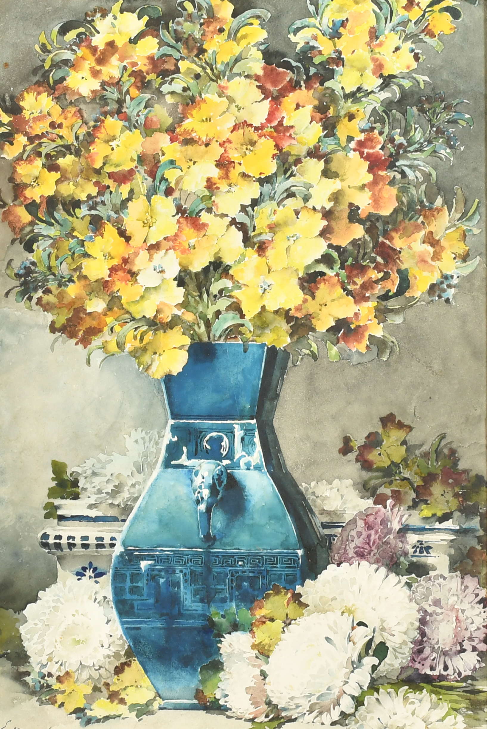 Eugene Morand (1855-1930) Russian. Still Life with Flowers in a Blue Vase, Watercolour, Signed, 18"