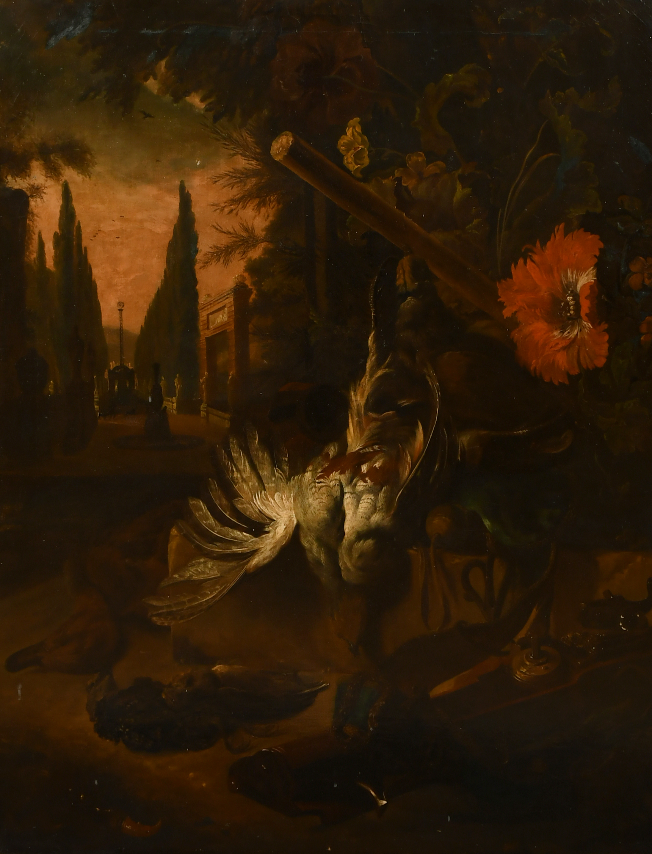 Manner of Jan Weenix (1640-1719) Dutch. Still Life of Dead Game in a Classical Landscape, Oil on can