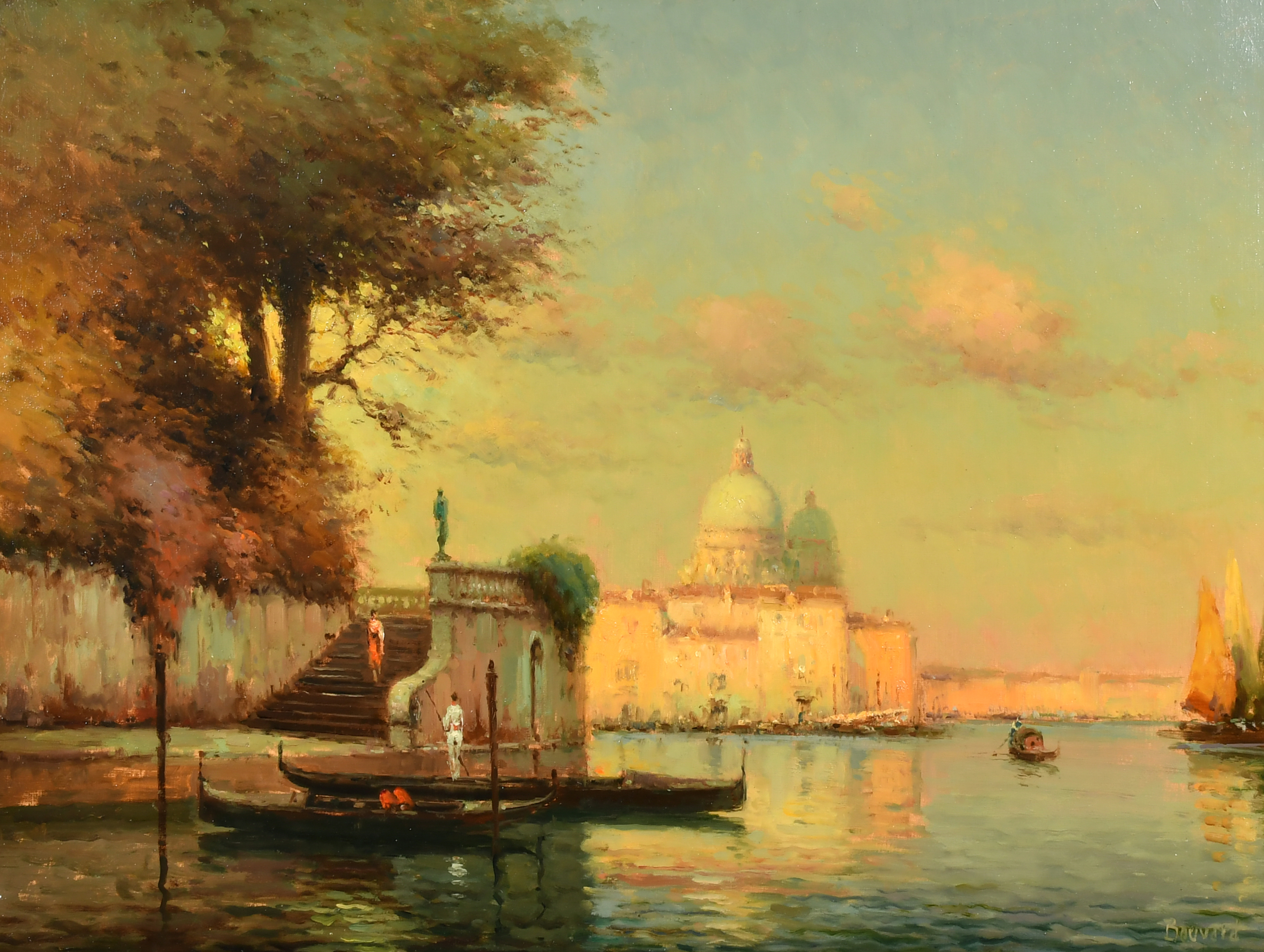 Noel Georges Bouvard (1912-1972) French. A Venetian Canal Scene with San Giorgio Maggiore in the dis