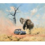 David Shepherd (1931-2017) British. 'The Hillman Imp in Africa', Oil on canvas, Signed, and inscribe