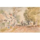 Circle of David Cox (1783-1859) British Figures by a Cottage, Watercolour, 6.4" x 10" (16 x 25.4