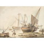 Samuel Atkins (1760-1808) British Figures with Beached Boats, Watercolour, Signed, 6.4" x 9" (16