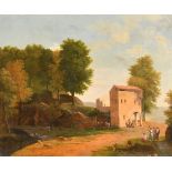 Late 18th Century French School Figures in a Landscape, Oil on canvas, 15" x 18" (38.1 x 45.