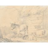 George Morland (1763-1804) British "Two Pigs and a Donkey", Pencil, Signed, and inscribed on lab