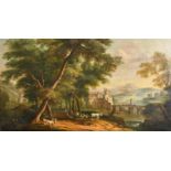 18th Century Italian School Figures in a Classical Landscape, Oil on canvas, 15.25" x 27.5"