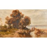 19th Century Italian School A River Scene with Figures, Oil on canvas, Indistinctly signed,