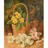 Vincent Clare (1855-1930) British Still Life of Flowers in a Basket, Oil on canvas, Signed, 12"