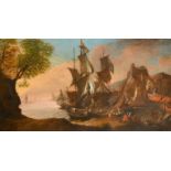 18th Century Italian School A Mediterranean Harbour Scene with Figures, Oil on canvas, 20" x