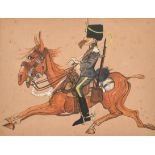 Early 20th Century English School A Cartoon of an 18th Hussar on Horseback, Watercolour and ink