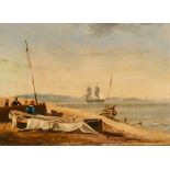 Attributed to Henry Bright (1810-1873) British A Coastal Scene with Figures by Boats, Oil on pan