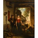 Constantin Boon (1830-1882) Belgian. A Stable Interior with a Young Couple, Oil on panel, Signed and