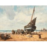 Alexander Young (1865-1923) British Unloading The Catch, Oil on canvas, Signed, 13" x 17" (33 x