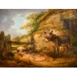 George Morland (1763-1804) British "Young Ass and Pigs", Oil on canvas, Signed, and inscribed on