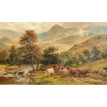 William Langley (act.1880-1920) British Cattle in a Highland Landscape, Oil on canvas, Signed, 1