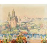 Early 20th Century English Romantic School A Fantasy Castle, Watercolour, In a fine gilt composi