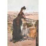 Circle of Berthe Morisot (1841-1895) French. "On the Balcony", Watercolour and gouache, 14" x 9.