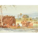 Early 20th Century Malaysian School Figures by a Camp, Watercolour, Indistinctly signed and date