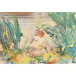 Charles Sims (1873-1928) British A Boy Fishing, Watercolour, Signed, 15.5" x 22.5" (39.3 x 57.2c