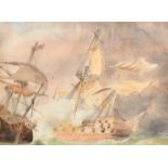19th Century English School. A Naval Engagement, Watercolour, Indistinctly inscribed on label verso,