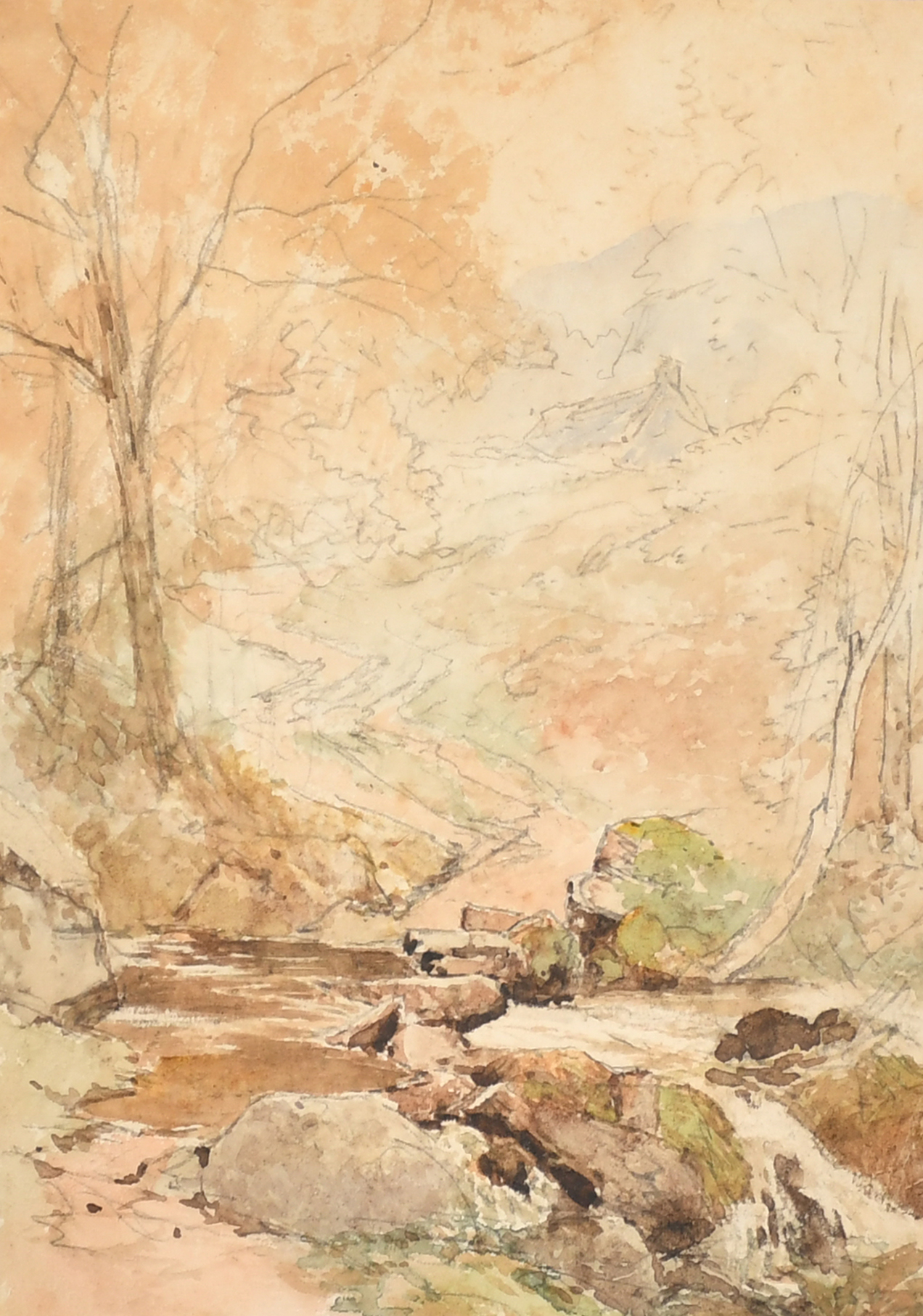 19th Century English School. A Rocky River Landscape, Watercolour and pencil sketch, 9" x 6.5" (22.8