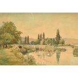 George Robert Rushton (1869-1947) British. "Maple Durham Lock", Watercolour, Signed with initials