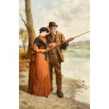 John Dawson Watson (1832-1892) British. The Fishing Lesson, Oil on canvas, Signed, 33" x 22" (83.8 x