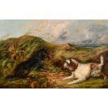 J. Langlois (c. 1855-1904) British. Terriers in the Sand Dunes, Oil on canvas, Signed, 16" x 23.5" (