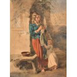 Paul Falconer Poole (1807-1879) British. A Mother and Daughter by a Cottage, Watercolour, Inscribed