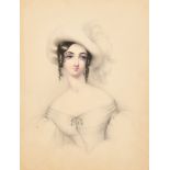 Early 19th Century English School. Bust Portrait of a Lady with a Feather Hat, Watercolour and penci