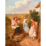 Alfred H Green (act.1844-1878) British. Children by Cottage Gate, Oil on panel, Signed verso, 10" x