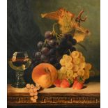 Jane Hunter Shield (19th-20th Century) British. Still Life with Fruit and Glass on a Ledge, Oil on c