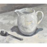 Sarah Hills (20th-21st Century) British. Still Life of Jug and Spoon, Oil on canvas, Signed and date