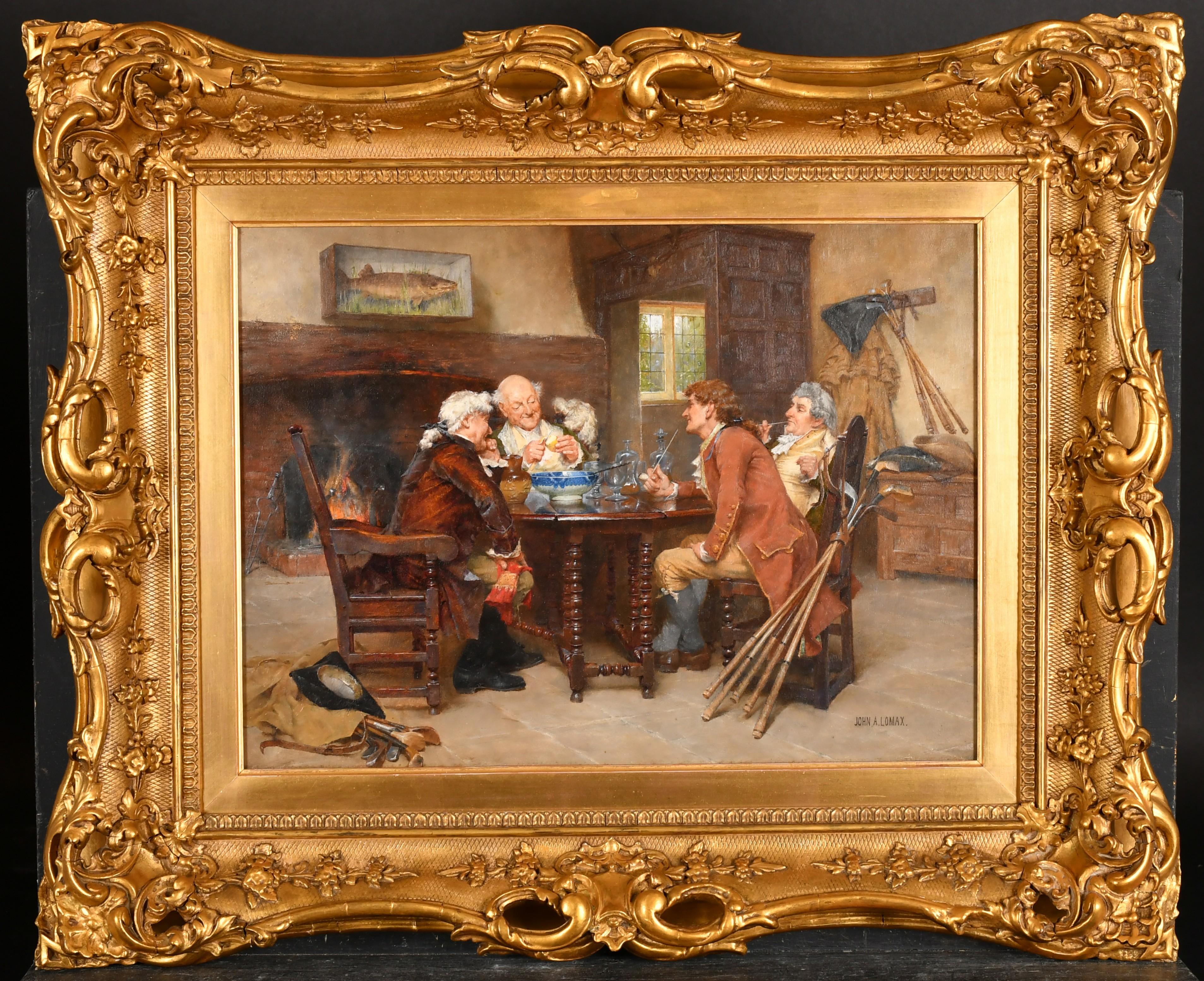 John Arthur Lomax (1857-1923) British. In The Golf Clubhouse, Oil on panel, Signed, 14" x 18.5" (35. - Image 2 of 4